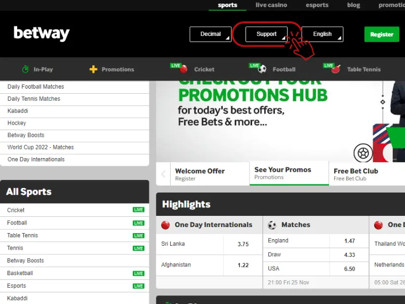 Support in Betway Casino